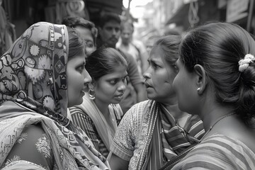Obraz premium Intense Conversation Among Women in a Bustling Market Street
