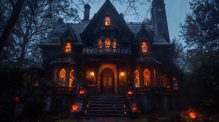 A creepy haunted house with glowing windows and eerie decorations