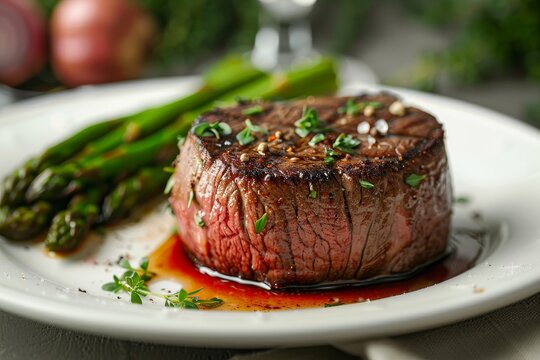 A perfectly grilled filet mignon with an asparagus side, showcasing the rich color and texture of each bite on a white plate. National Filet Mignon Day.