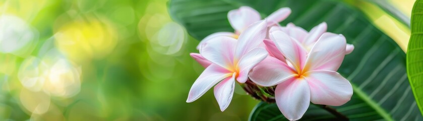 Pink plumeria blossoms on vibrant green foliage, radiating tropical beauty in a serene natural setting with soft focus background.