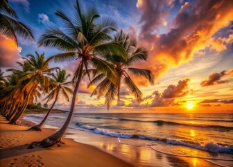 Fototapeta premium Vibrant tropical beach at sunset with swaying palm trees, gentle waves, and a stunning horizon that shines with warm golden orange hues.