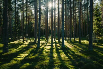 Dense Pine Forest in Sweden with Tall Trees and Moss-Covered Ground, Sunlight Casting Long Shadows on Open Clearing, Eye-Level Shot with Wide-Angle Lens