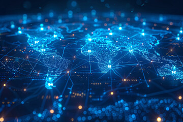 A detailed digital rendering of the world depicted as a network of glowing connections, symbolizing global interconnectedness