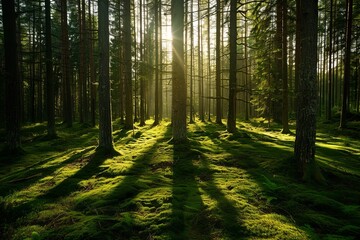 Naklejka premium Dense Pine Forest in Sweden with Tall Trees and Moss-Covered Ground, Sunlight Casting Long Shadows on Open Clearing, Eye-Level Shot with Wide-Angle Lens