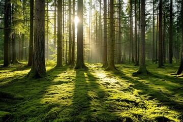 Obraz premium Dense Pine Forest in Sweden with Tall Trees and Moss-Covered Ground, Sunlight Casting Long Shadows on Open Clearing, Eye-Level Shot with Wide-Angle Lens