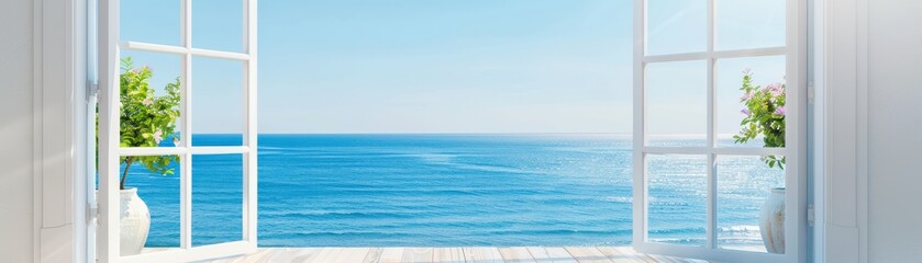 Obraz premium Serene ocean view through open white windows. Bright and sunny day, peaceful blue sea, and clear sky create a refreshing and calming atmosphere.