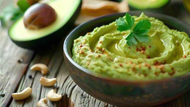A sful of avocado hummus made with a blend of unrefined and refined avocado oil creating a unique and balanced flavor.