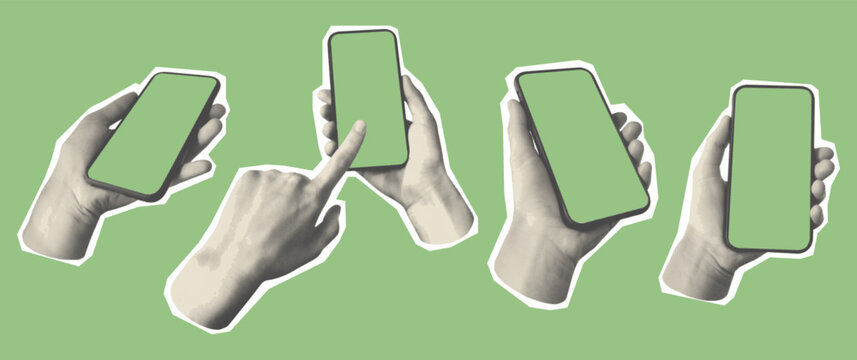 Kit of hands with a smartphone. Scrapbooking halftone cutout collage. Contemporary elements in a retro pop art style. Empty phone screen for design.	