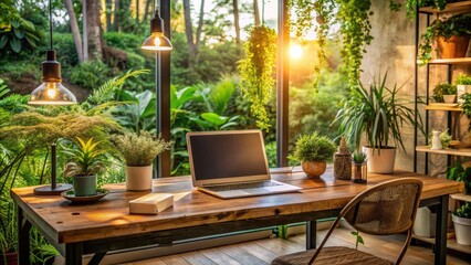 Serene and inviting home office space features a laptop on a rustic wooden desk amidst lush greenery, warm lighting, and tasteful decorative accents.