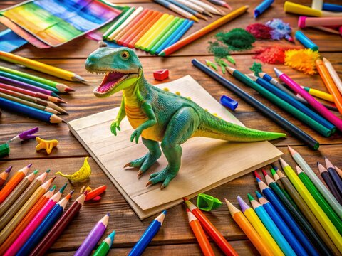 Colorful art supplies scattered on a wooden table, surrounded by vibrant papers, pencils, and markers, with a partially drawn friendly dinosaur taking center stage.