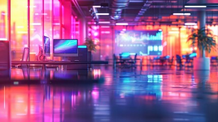 Fototapeta premium Modern neon cyberpunk open space office interior blurred with information technology overlay. Corporate strategy for finance, operations, marketing. Tables with computers for work. Technology