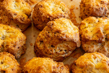 Scones - traditional British baked good, popular in the United Kingdom and Ireland, tea buns make with yeast with different toppings