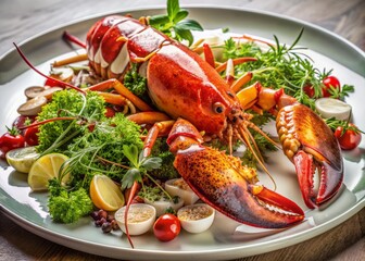 Luxurious seafood culinary masterpiece featuring a giant lobster and king crab arranged artfully on a pristine white plate, garnished with fresh herbs and microgreens.