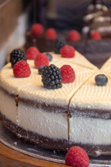 Red fruit sweet dessert cheesecake tart with fresh strawberries