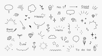 Doodle line elements of shiny pen. Heart, accent, star, icon with shiny decorations, flowers, heart. Vector illustration.