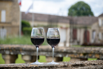 Glasses of french dry red wine in old wine domain on Graves vineyards in Portets village and old castle on background, Bordeaux, France