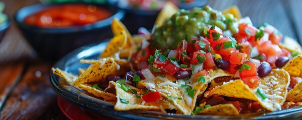 Fototapeta premium A plate of nachos piled high with tortilla chips, melted cheese, beans, and a variety of salsas.