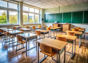 Empty classroom desk chairs surrounded by educational materials, textbooks, and a blackboard, convey a sense of learning and instruction awaiting a teacher's presence.