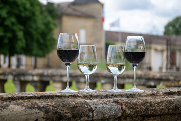 Glasses of white and red wine in old wine domain on Graves vineyards in Portets village and old castle on background, Bordeaux, France