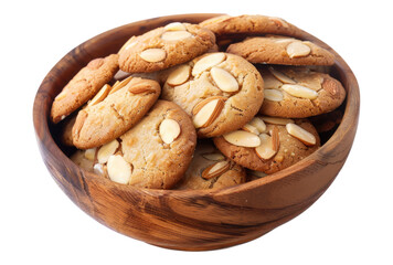 Photo of almond cookies in a wooden bowl isolated on transparent background