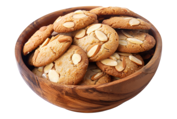 Photo of almond cookies in a wooden bowl isolated on transparent background