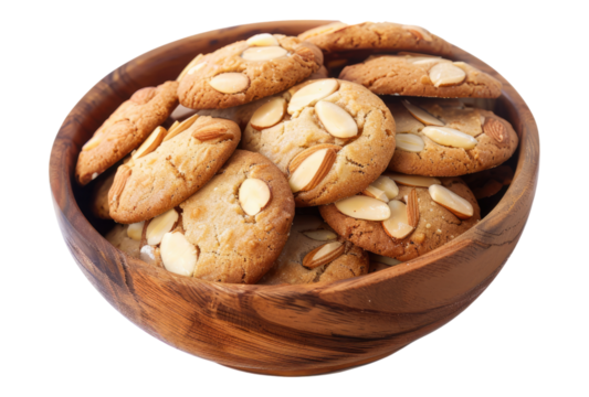 Photo of almond cookies in a wooden bowl isolated on transparent background