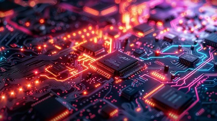 Obraz premium Colorful circuit board with glowing lights - generative ai