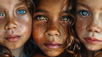 Portrait of children of diverse ethnicity, capturing the beauty and grace of their features with delicate brushstrokes and vivid colors, generative ai