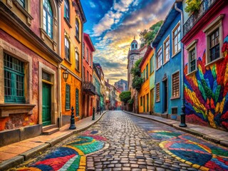 Naklejka premium Vibrant cityscape captures empty cobblestone streets, historic buildings, and colorful street art, conveying a sense of adventure and excitement for discovery.