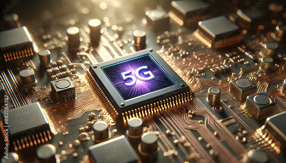 Aufkleber close up view of a cutting edge 5g microchip on a complex computer circuit board showcasing the late