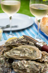 Plate with fresh live oysters with citron, bread, butter and white wine served at restaurant in oyster-farming village, Arcachon bay, Gujan-Mestras port, France