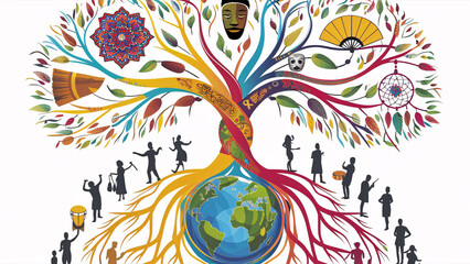 Fototapeta premium Illustration of a cultural diversity tree emerging from a globe. The branches are filled with various cultural symbols, artifacts, and traditional activities, symbolizing global cultural unity and div