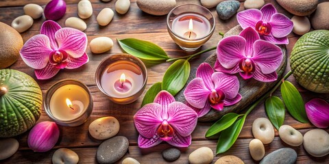 Fototapeta na wymiar Serenene pink spa setting with exotic orchids, soft glowing candles, and polished sea stones, evoking relaxation and tranquility, from a top-down perspective.