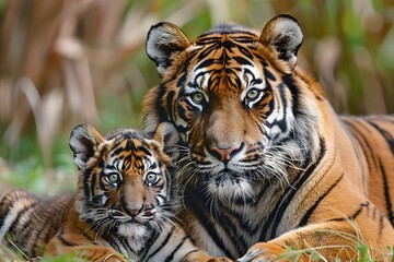 Obraz premium Majestic Bengal Tiger and Adorable Cub Resting in the Wild