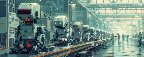 A pixel art rendition of a pixelated robot factory, with pixelated assembly lines churning out pixelated robots, their pixelated forms demonstrating the wonders of automation.