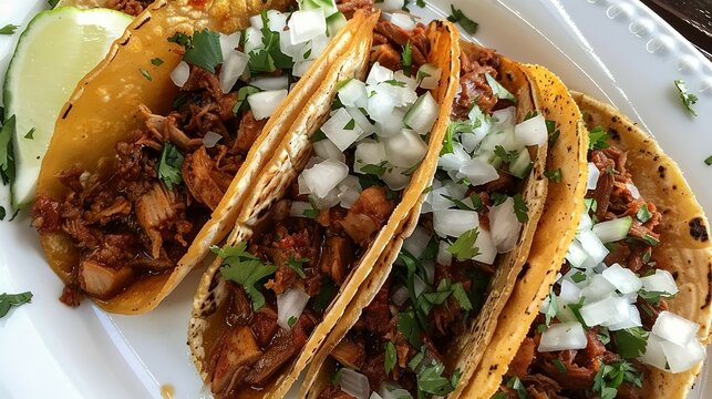 Traditional Mexican tacos with meat, onions, and cilantro on a white plate