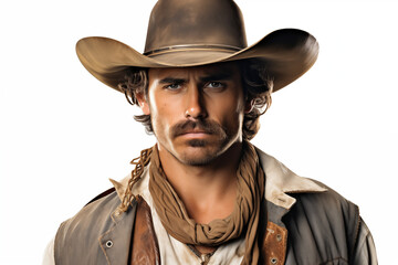 Fototapeta premium Cowboy on a white background. History of america. History of cowboys, first ranch. Farmer Australia. Portrait of a cowboy. 
