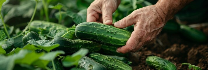 Farmer's hands holding fresh green cucumbers in a garden. Copy space. Harvest season