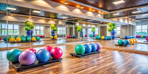 Colorful exercise balls and dumbbells scattered around a sleek modern gym studio with mirrors and wooden floors, ready for a fitness class to begin.