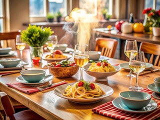 Fototapeta premium Vibrant table setting with steaming spaghetti, utensils, and glasses, surrounded by empty chairs, conveying warmth and togetherness of a joyful family dinner gathering.