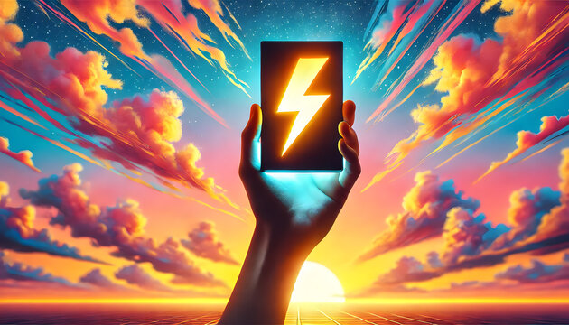 Dramatic Sky with Glowing Cellphone Silhouette Showcasing Powerful Lightning Bolt Technology