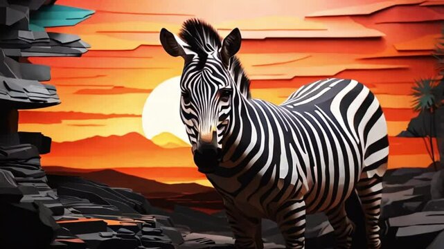 明るく風変わりなシマウマのシルエット 夕焼けの背景映像
