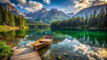 Serene alpine lake surrounded by lush forest and rugged mountains, with a weathered wooden dock and a vintage canoe, awaiting adventurers in nature.