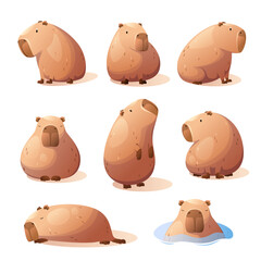 A set of cute capybaras on a white background. Cartoon-style animals.
