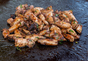 Assortment of fresh daily catch of prawns, seashells, molluscs on ice on fish market in Brittany, France, English translation: differens French names of seafood