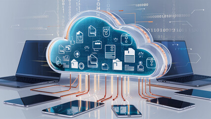 A detailed digital cloud filled with data icons is connected to various laptops and mobile devices, illustrating the concept of cloud computing. The background features a complex network of data lines
