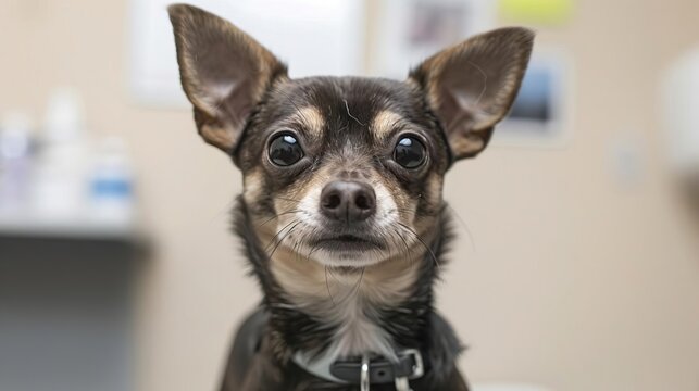 Chihuahua in an office setting, having a preventive health assessment, office dog care, pet wellness