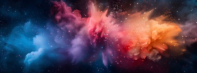 Naklejka premium Colorful powder explosion on a dark background, colorful dust clouds in space, abstract colorful cloud of color paint particles flying in the air. High resolution colorful dust clouds