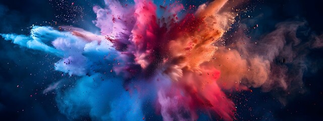 Colorful powder explosion on a dark background, colorful dust clouds in space, abstract colorful cloud of color paint particles flying in the air. High resolution colorful dust clouds