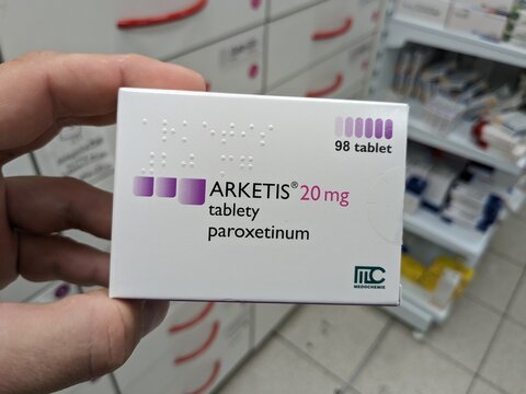 Prague, Czech Republic - July 10 2024: ARKETIS box of medication with PAROXETINE active substance by KRKA, used for treatment of depression, anxiety disorders, and OCD.